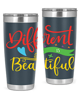 Different is Beautiful Style 11# Autism Tumbler showcasing vibrant design and stainless steel construction, perfect for hot and cold beverages.