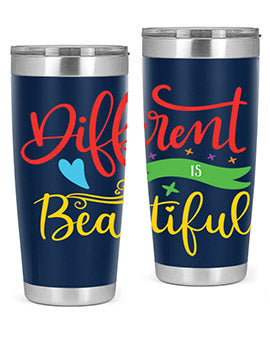 Different is Beautiful Style 11# Autism Tumbler showcasing vibrant design and stainless steel construction, perfect for hot and cold beverages.