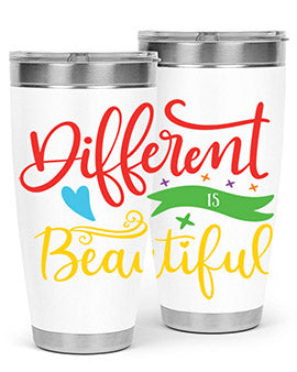 Different is Beautiful Style 11# Autism Tumbler showcasing vibrant design and stainless steel construction, perfect for hot and cold beverages.