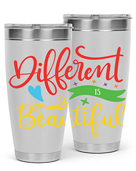 Different is Beautiful Style 11# Autism Tumbler showcasing vibrant design and stainless steel construction, perfect for hot and cold beverages.
