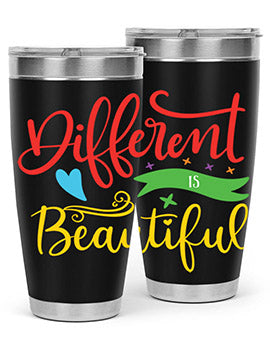 Different is Beautiful Style 11# Autism Tumbler showcasing vibrant design and stainless steel construction, perfect for hot and cold beverages.