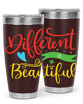 Different is Beautiful Style 11# Autism Tumbler showcasing vibrant design and stainless steel construction, perfect for hot and cold beverages.
