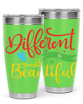 Different is Beautiful Style 11# Autism Tumbler showcasing vibrant design and stainless steel construction, perfect for hot and cold beverages.