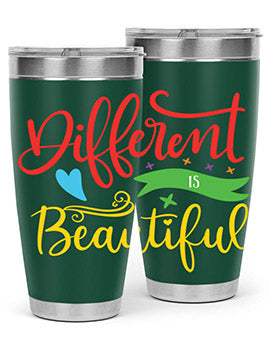 Different is Beautiful Style 11# Autism Tumbler showcasing vibrant design and stainless steel construction, perfect for hot and cold beverages.