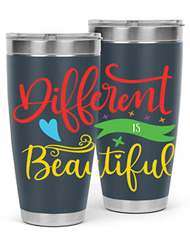 Different is Beautiful Style 11# Autism Tumbler showcasing vibrant design and stainless steel construction, perfect for hot and cold beverages.