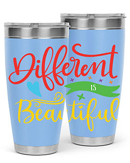 Different is Beautiful Style 11# Autism Tumbler showcasing vibrant design and stainless steel construction, perfect for hot and cold beverages.