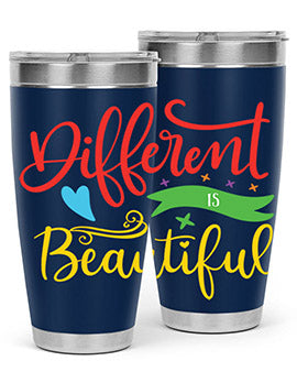 Different is Beautiful Style 11# Autism Tumbler showcasing vibrant design and stainless steel construction, perfect for hot and cold beverages.