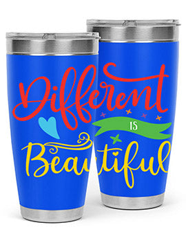 Different is Beautiful Style 11# Autism Tumbler showcasing vibrant design and stainless steel construction, perfect for hot and cold beverages.