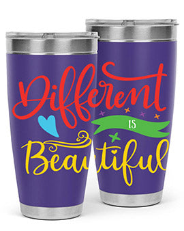Different is Beautiful Style 11# Autism Tumbler showcasing vibrant design and stainless steel construction, perfect for hot and cold beverages.
