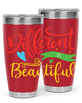 Different is Beautiful Style 11# Autism Tumbler showcasing vibrant design and stainless steel construction, perfect for hot and cold beverages.