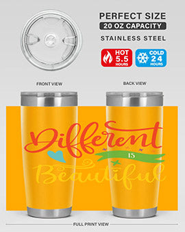 Different is Beautiful Style 11# Autism Tumbler showcasing vibrant design and stainless steel construction, perfect for hot and cold beverages.