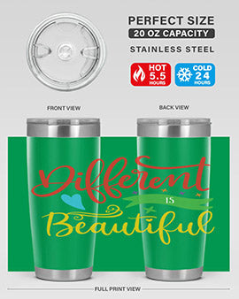 Different is Beautiful Style 11# Autism Tumbler showcasing vibrant design and stainless steel construction, perfect for hot and cold beverages.