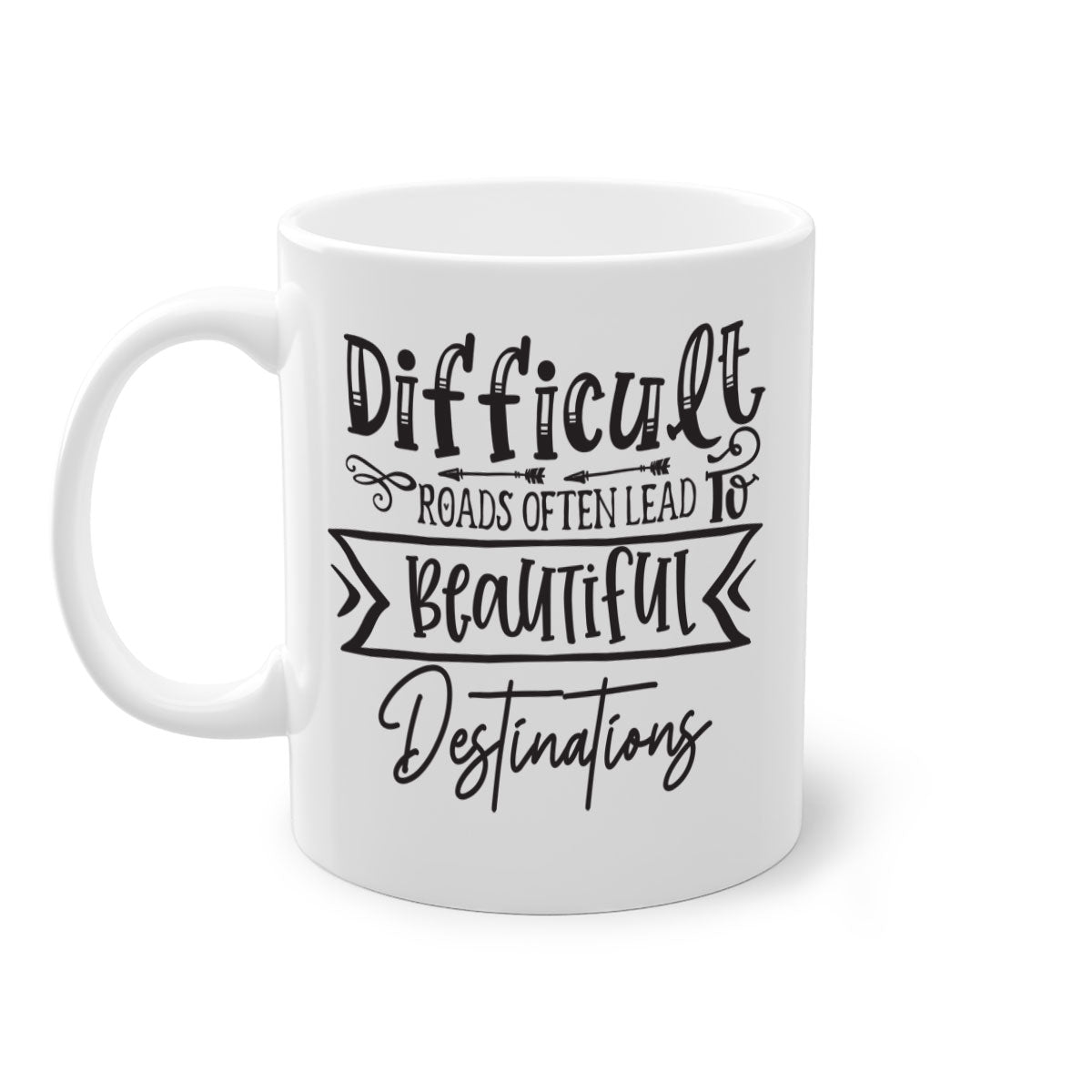 Difficult Roads Often Lead To Beautiful Destinations Style 130# Mug featuring a two-tone design with a colored handle and glossy finish.