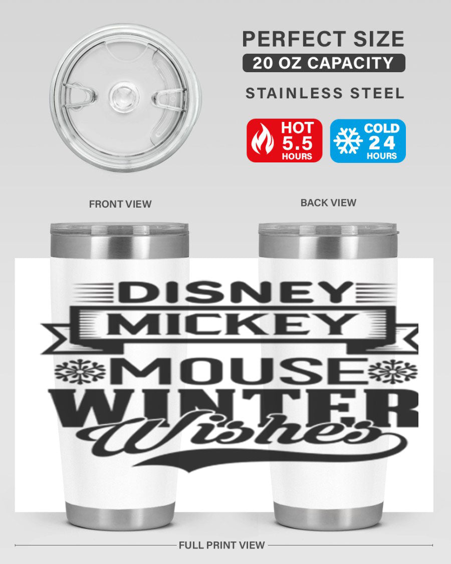 Disney Mickey Mouse Winter Wishes Tumbler featuring a double wall vacuum stainless steel design, perfect for hot and cold beverages.