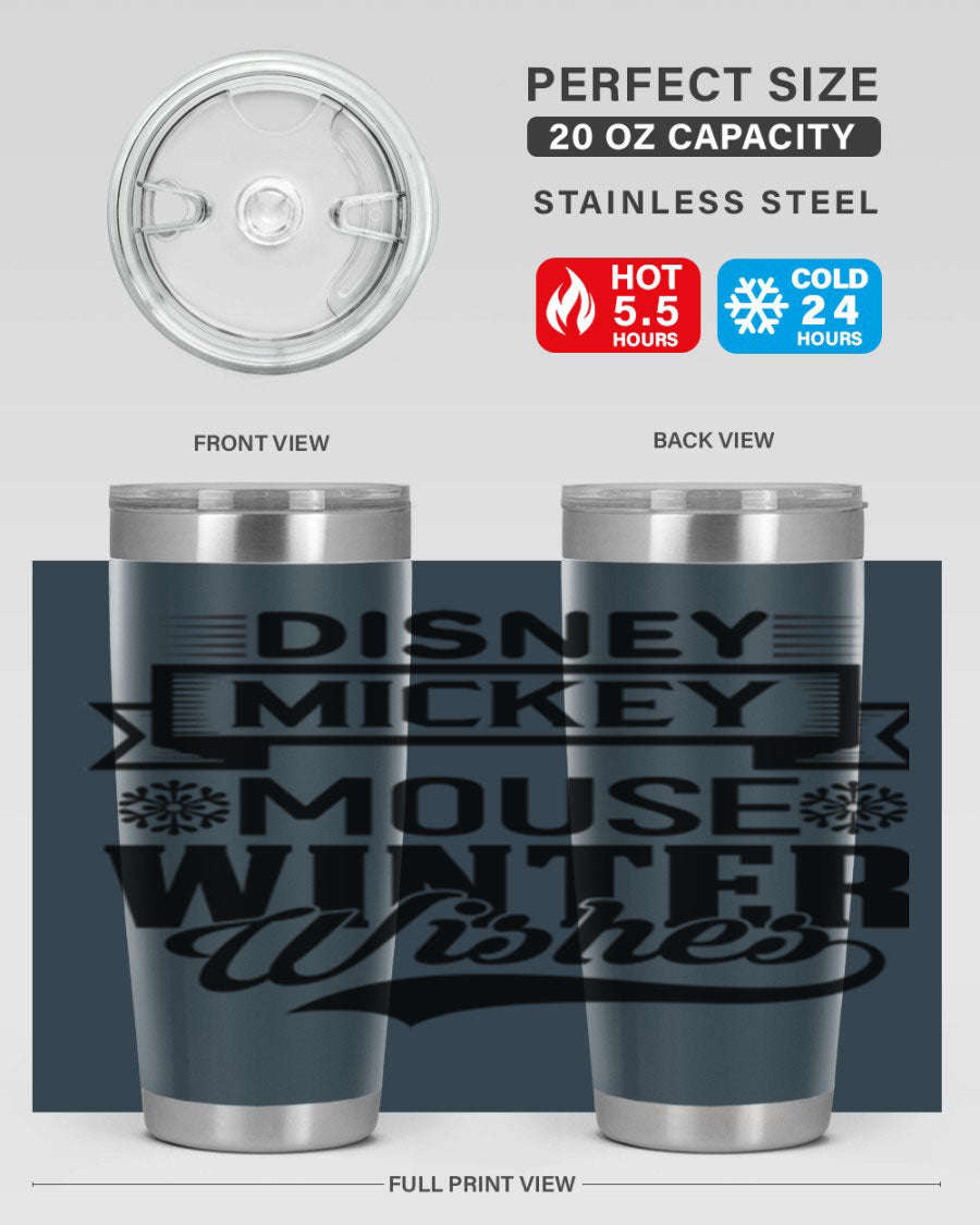 Disney Mickey Mouse Winter Wishes Tumbler featuring a double wall vacuum stainless steel design, perfect for hot and cold beverages.