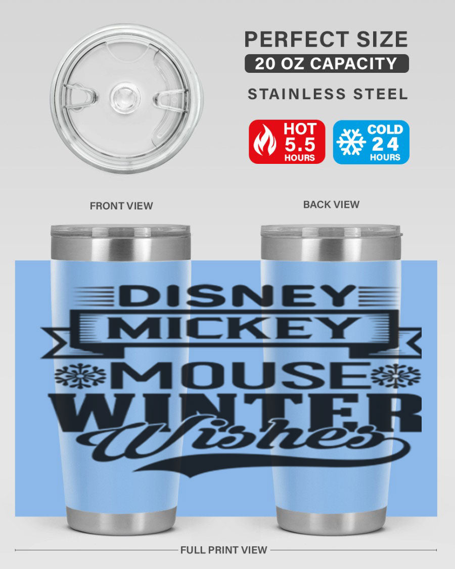 Disney Mickey Mouse Winter Wishes Tumbler featuring a double wall vacuum stainless steel design, perfect for hot and cold beverages.