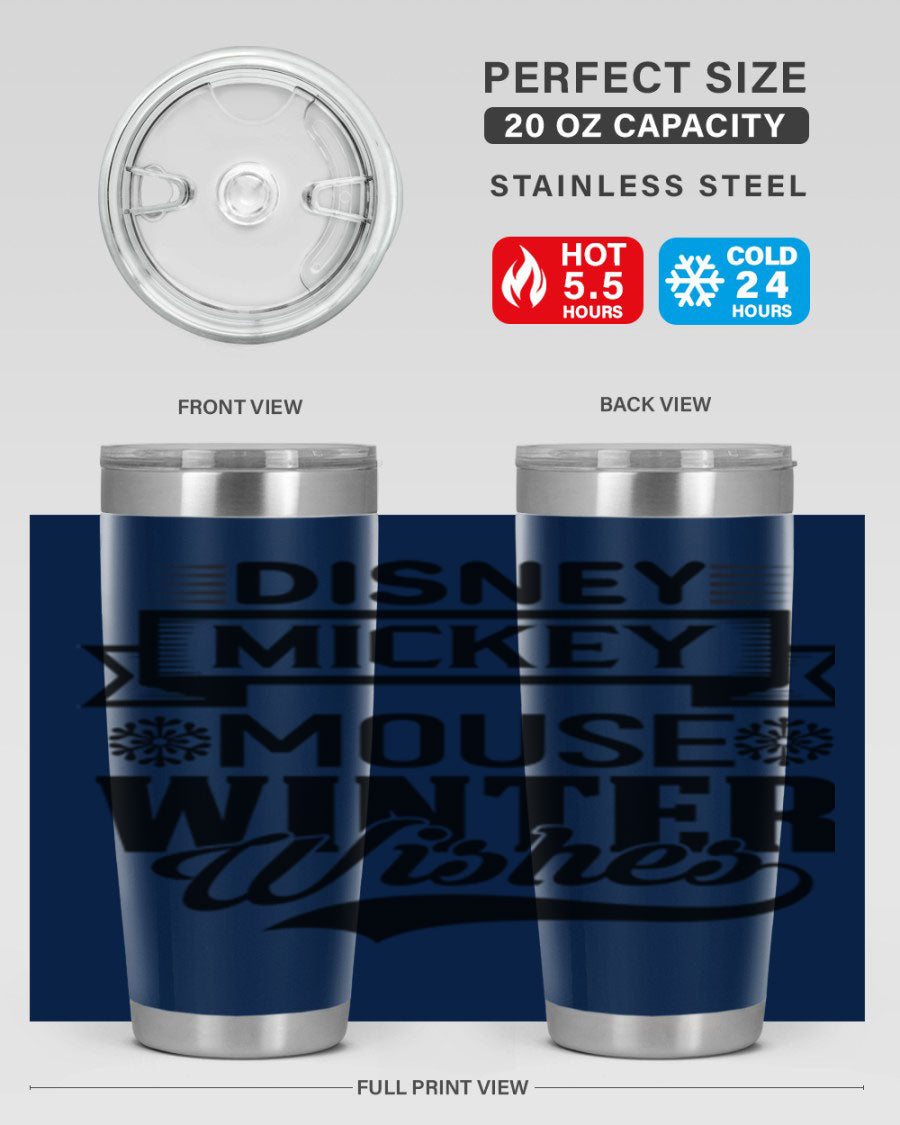 Disney Mickey Mouse Winter Wishes Tumbler featuring a double wall vacuum stainless steel design, perfect for hot and cold beverages.