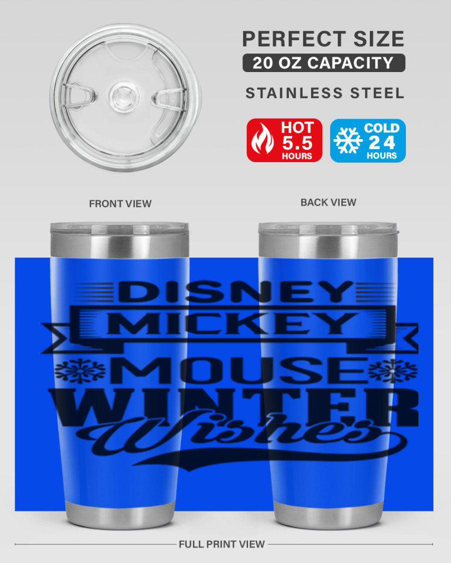 Disney Mickey Mouse Winter Wishes Tumbler featuring a double wall vacuum stainless steel design, perfect for hot and cold beverages.