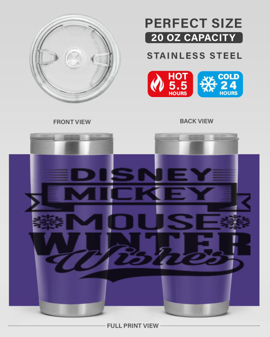 Disney Mickey Mouse Winter Wishes Tumbler featuring a double wall vacuum stainless steel design, perfect for hot and cold beverages.