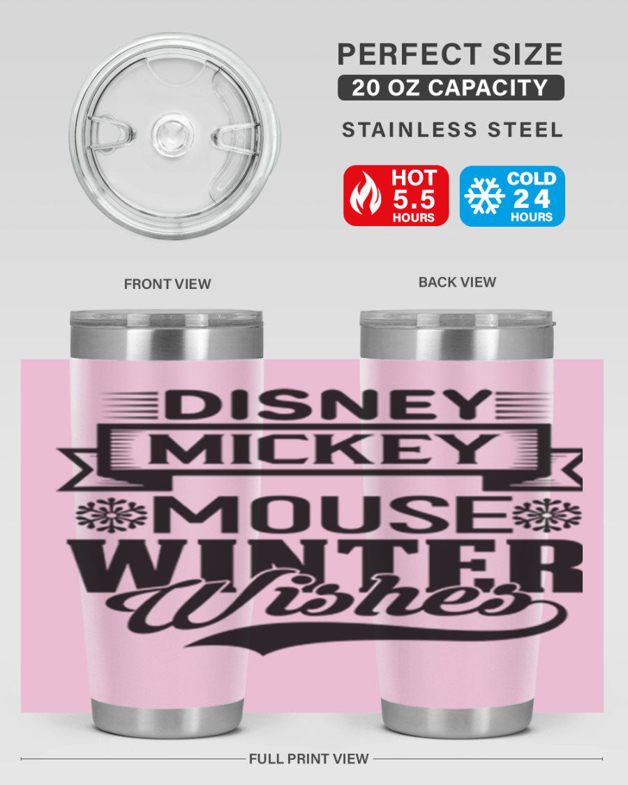 Disney Mickey Mouse Winter Wishes Tumbler featuring a double wall vacuum stainless steel design, perfect for hot and cold beverages.