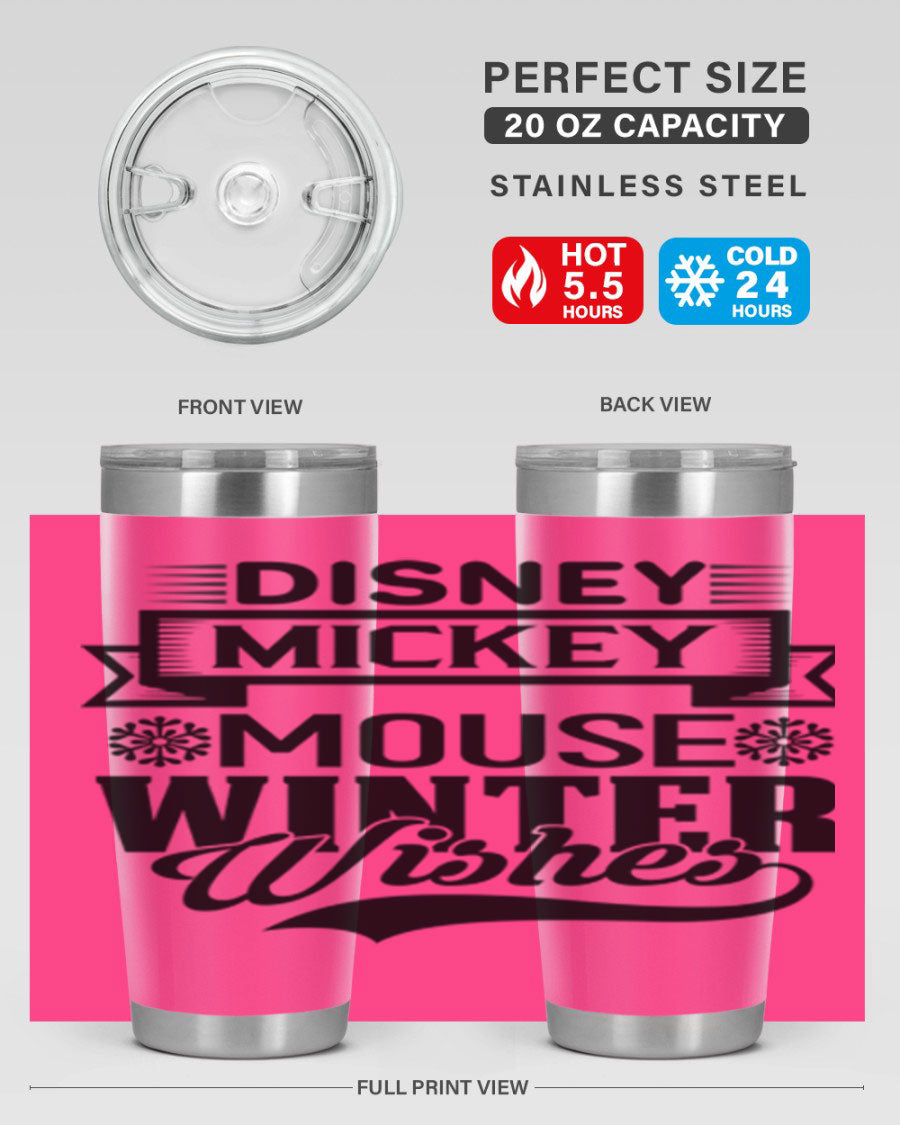 Disney Mickey Mouse Winter Wishes Tumbler featuring a double wall vacuum stainless steel design, perfect for hot and cold beverages.