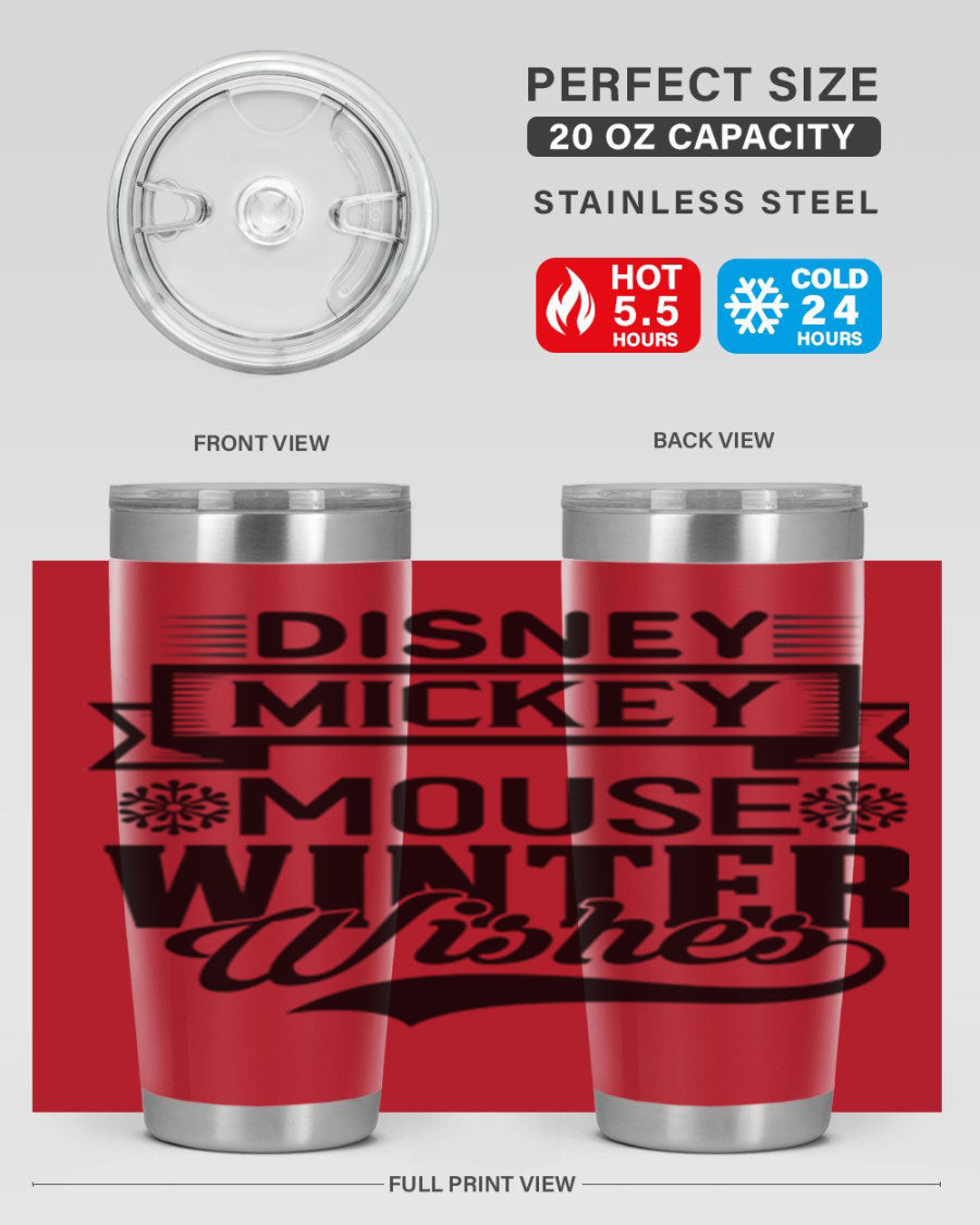Disney Mickey Mouse Winter Wishes Tumbler featuring a double wall vacuum stainless steel design, perfect for hot and cold beverages.