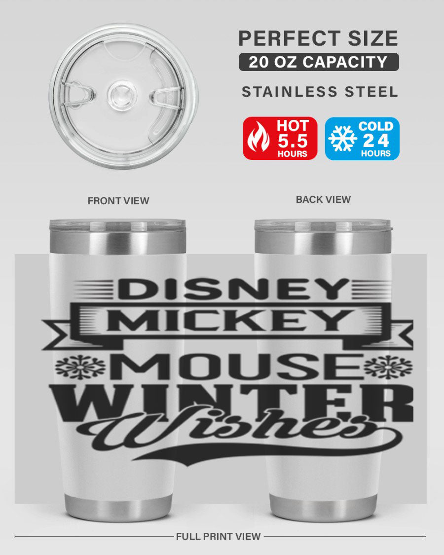 Disney Mickey Mouse Winter Wishes Tumbler featuring a double wall vacuum stainless steel design, perfect for hot and cold beverages.