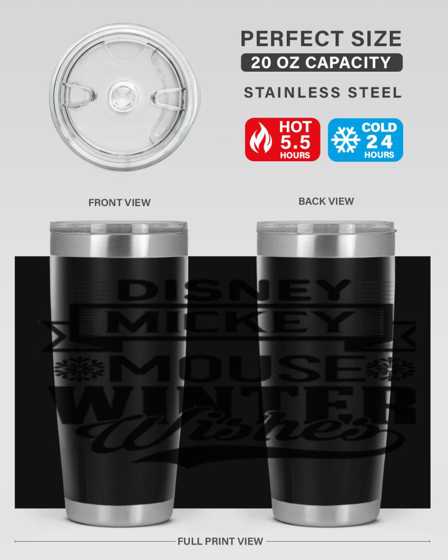 Disney Mickey Mouse Winter Wishes Tumbler featuring a double wall vacuum stainless steel design, perfect for hot and cold beverages.