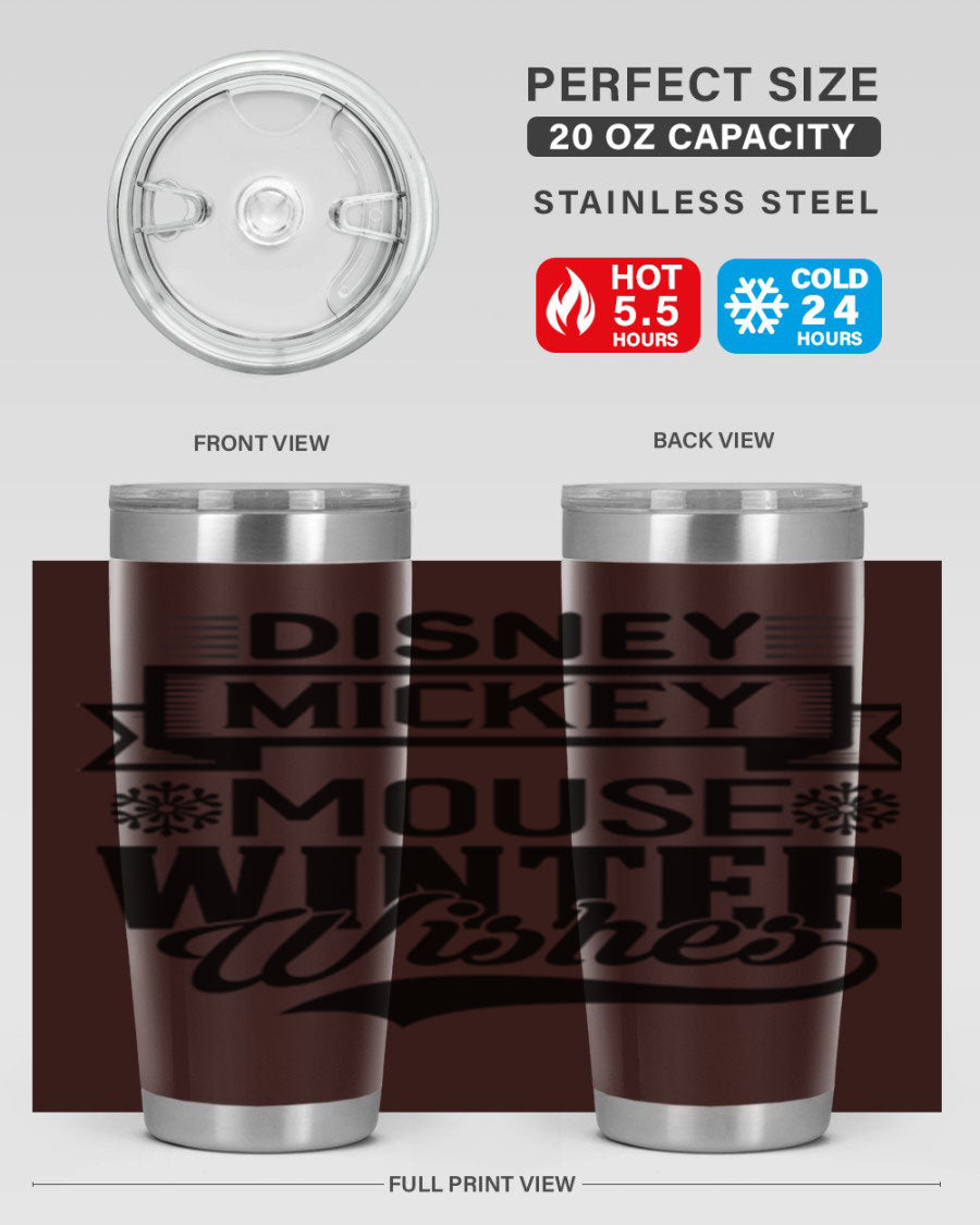 Disney Mickey Mouse Winter Wishes Tumbler featuring a double wall vacuum stainless steel design, perfect for hot and cold beverages.