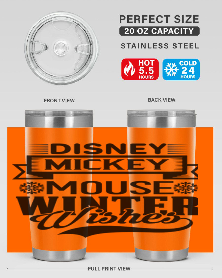Disney Mickey Mouse Winter Wishes Tumbler featuring a double wall vacuum stainless steel design, perfect for hot and cold beverages.