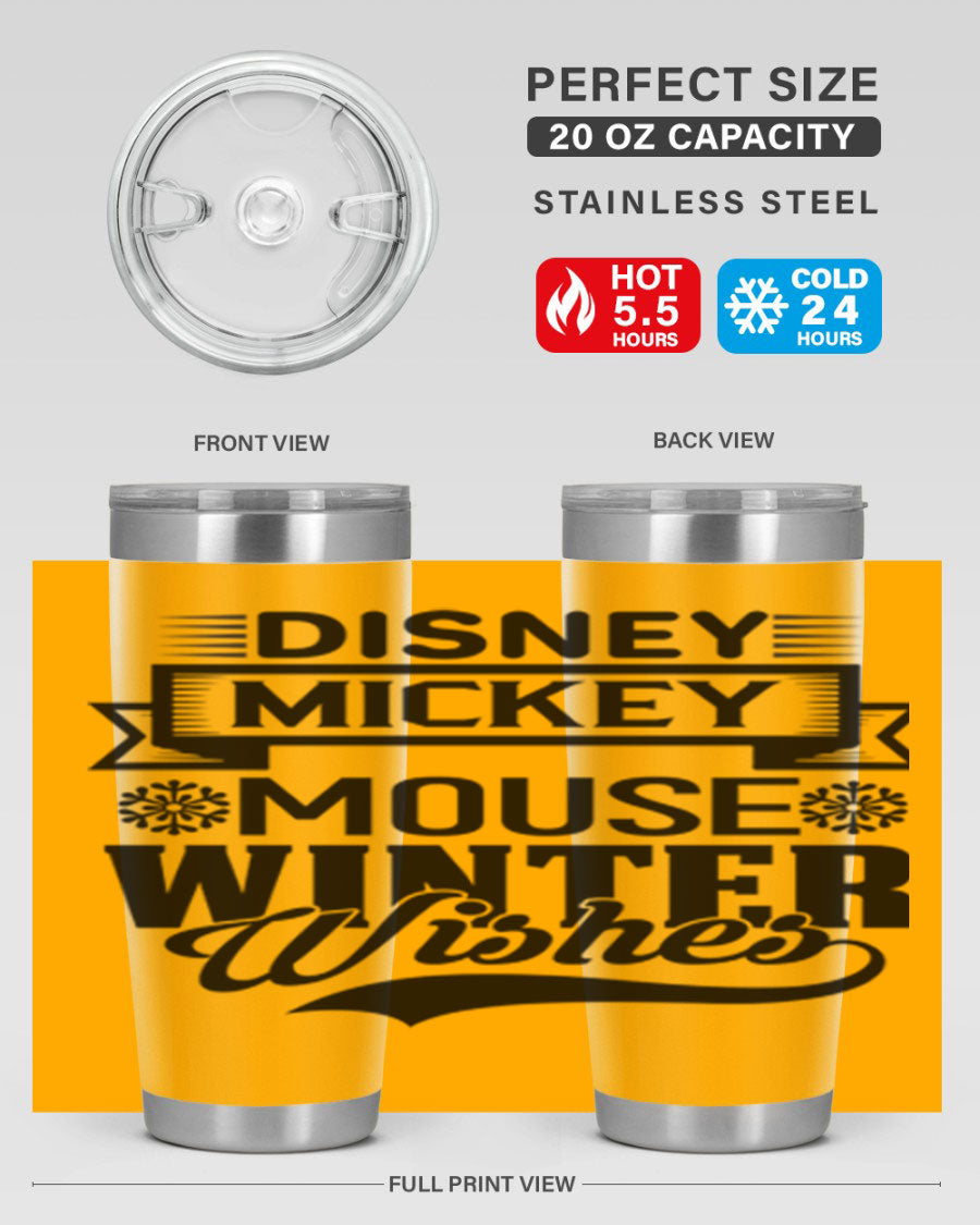 Disney Mickey Mouse Winter Wishes Tumbler featuring a double wall vacuum stainless steel design, perfect for hot and cold beverages.