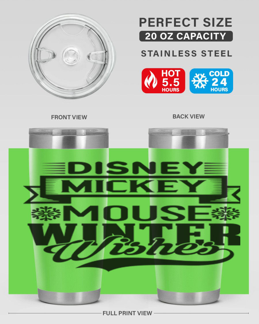 Disney Mickey Mouse Winter Wishes Tumbler featuring a double wall vacuum stainless steel design, perfect for hot and cold beverages.