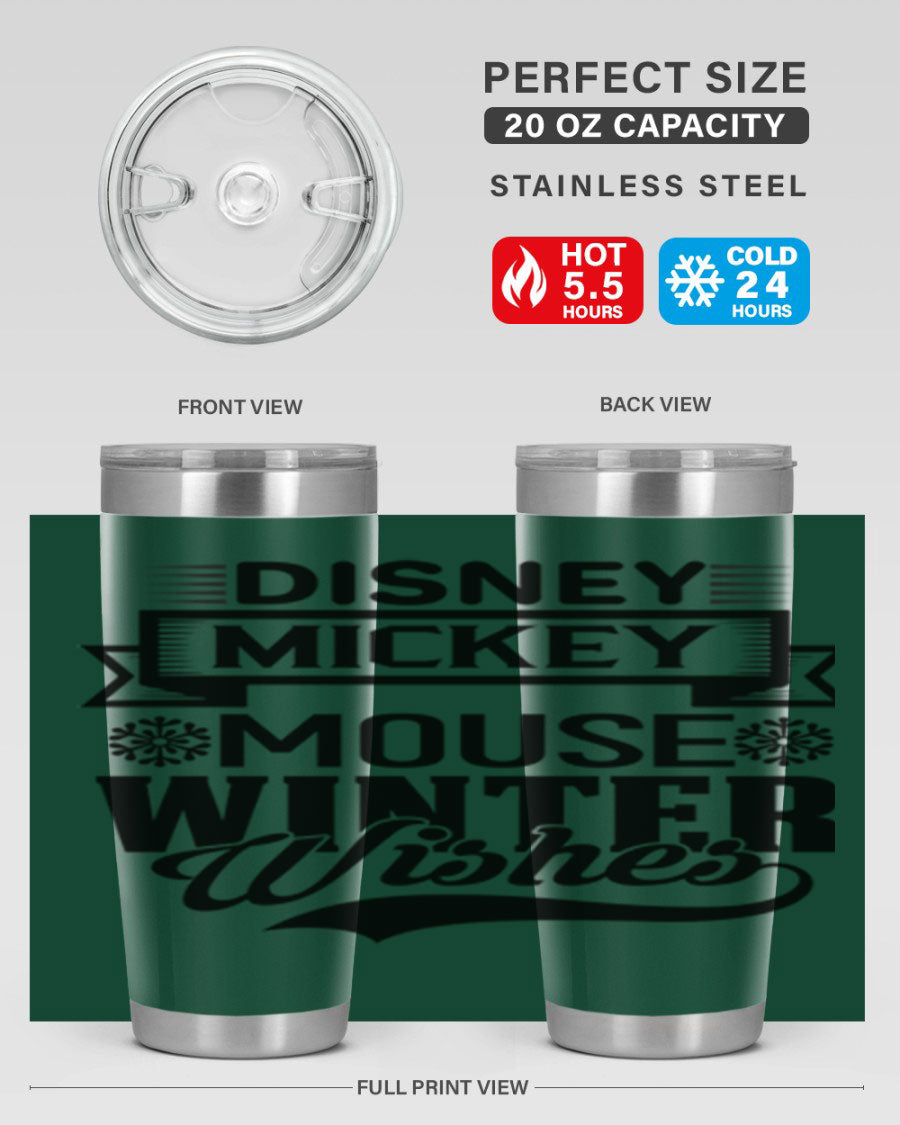 Disney Mickey Mouse Winter Wishes Tumbler featuring a double wall vacuum stainless steel design, perfect for hot and cold beverages.