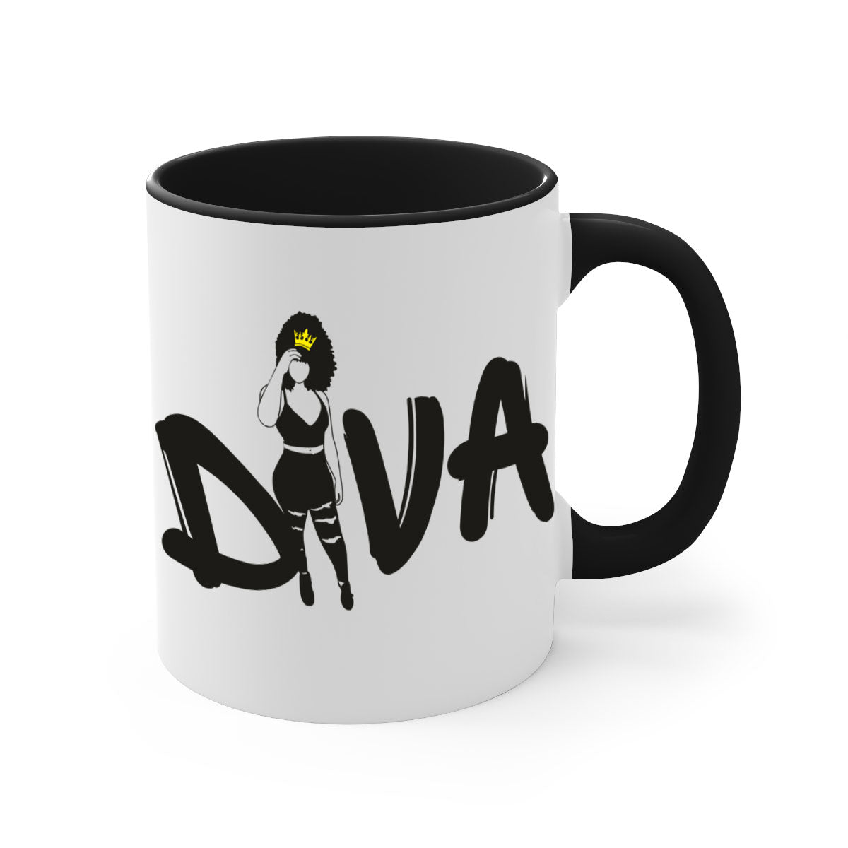 Diva 6# Black Women Mug with colorful handle and glossy finish, available in multiple colors and sizes.