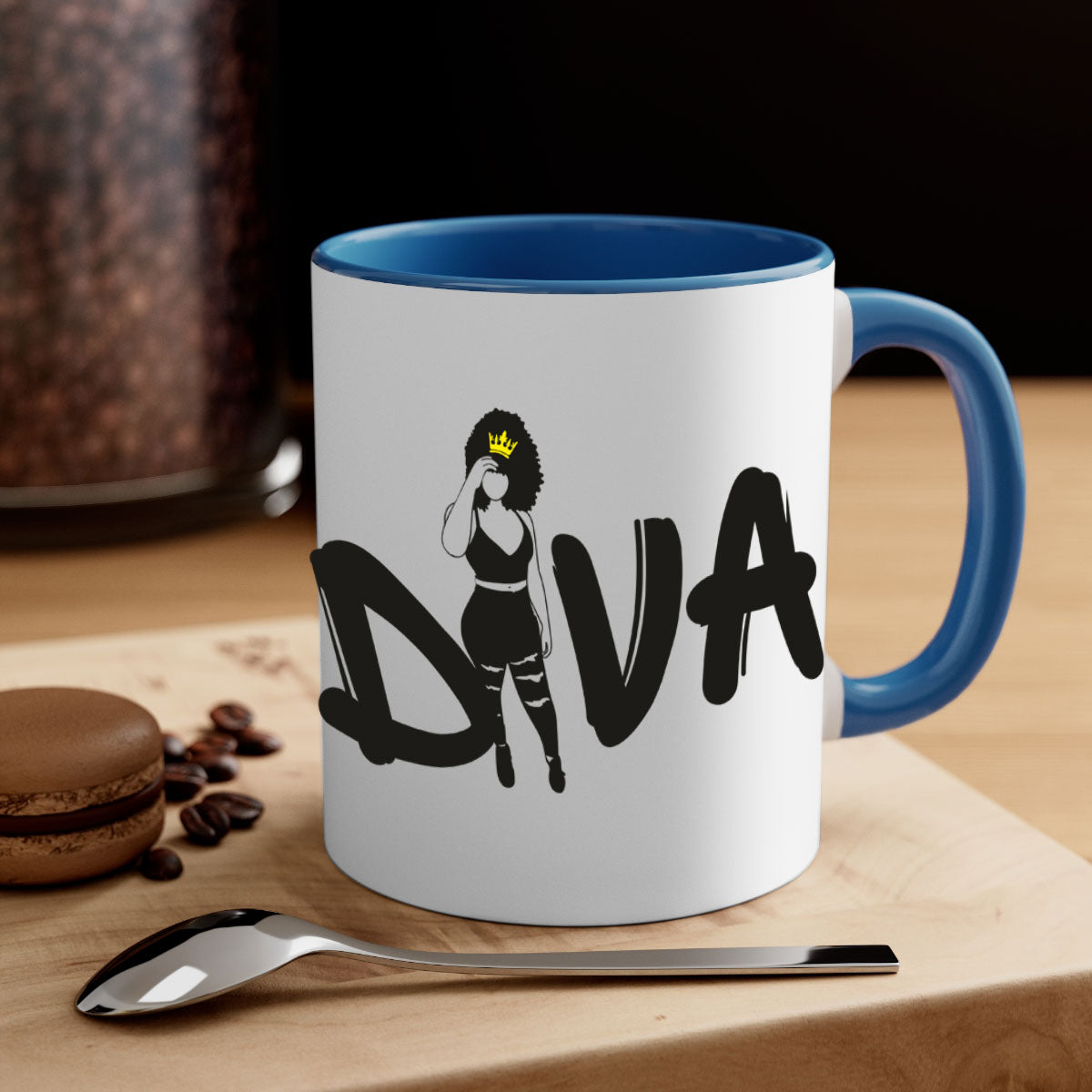 Diva 6# Black Women Mug with colorful handle and glossy finish, available in multiple colors and sizes.