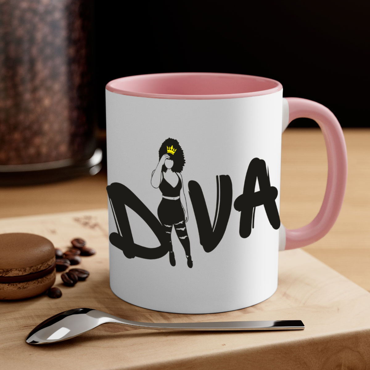 Diva 6# Black Women Mug with colorful handle and glossy finish, available in multiple colors and sizes.