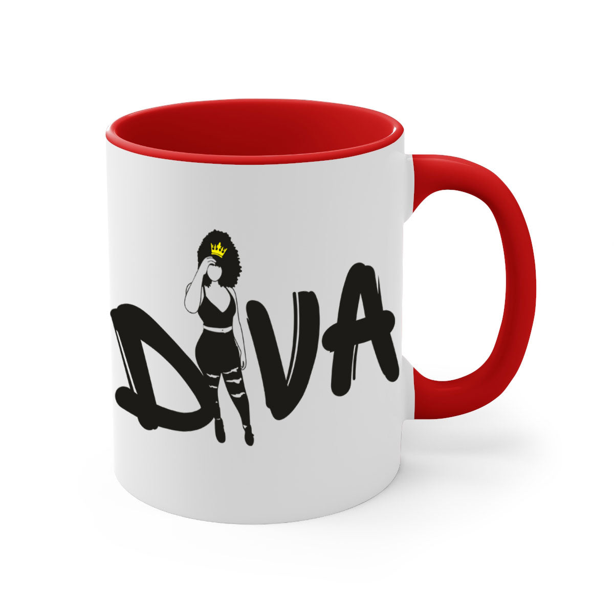Diva 6# Black Women Mug with colorful handle and glossy finish, available in multiple colors and sizes.