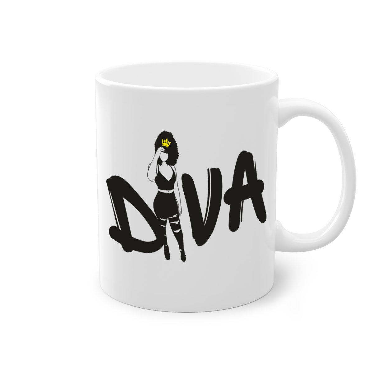 Diva 6# Black Women Mug with colorful handle and glossy finish, available in multiple colors and sizes.