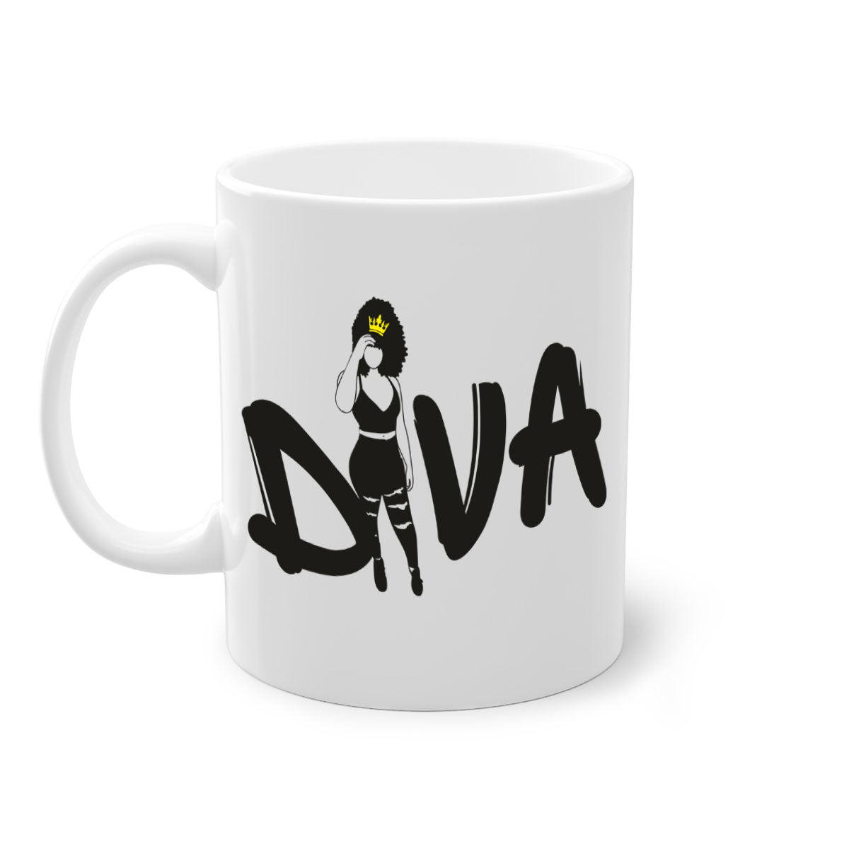 Diva 6# Black Women Mug with colorful handle and glossy finish, available in multiple colors and sizes.