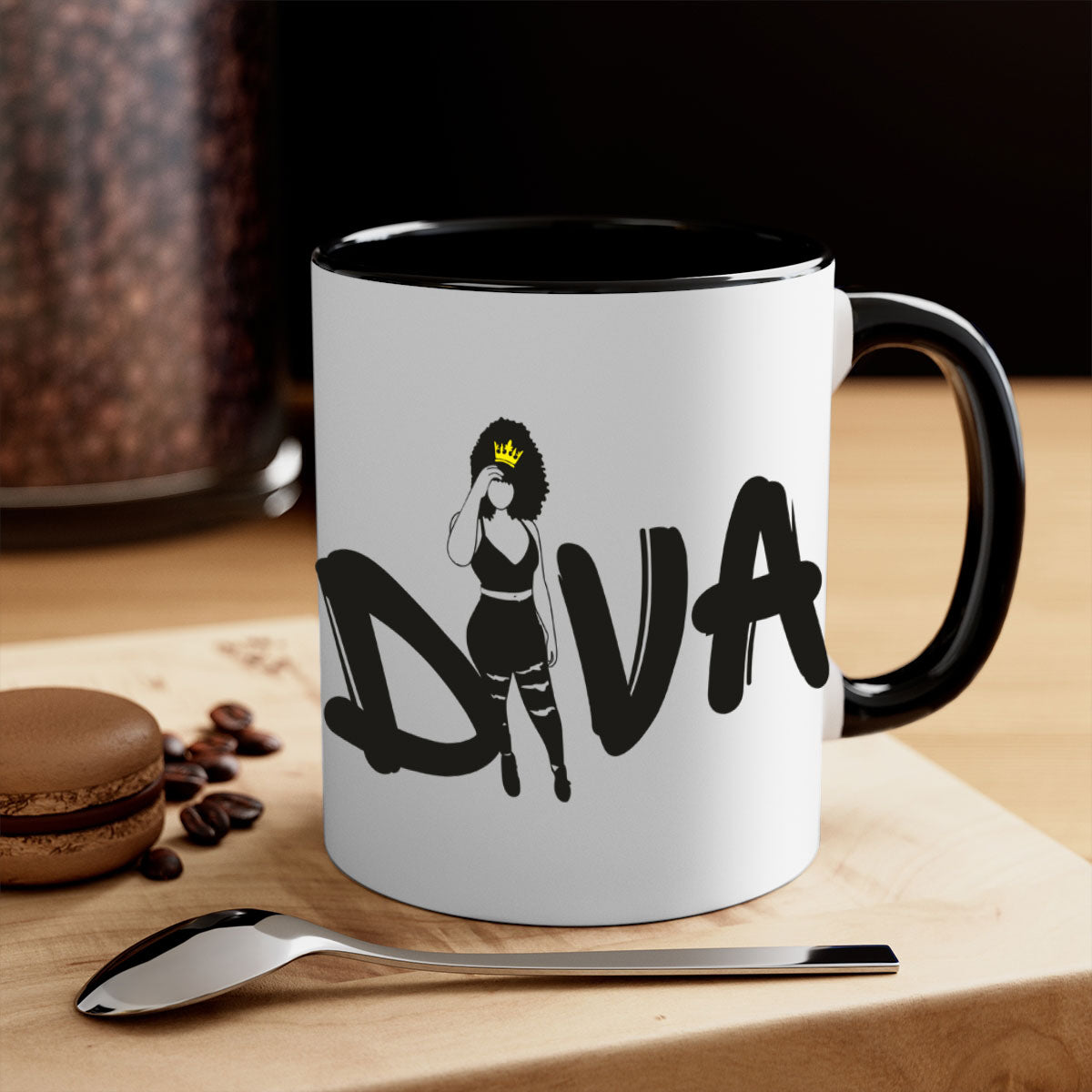 Diva 6# Black Women Mug with colorful handle and glossy finish, available in multiple colors and sizes.