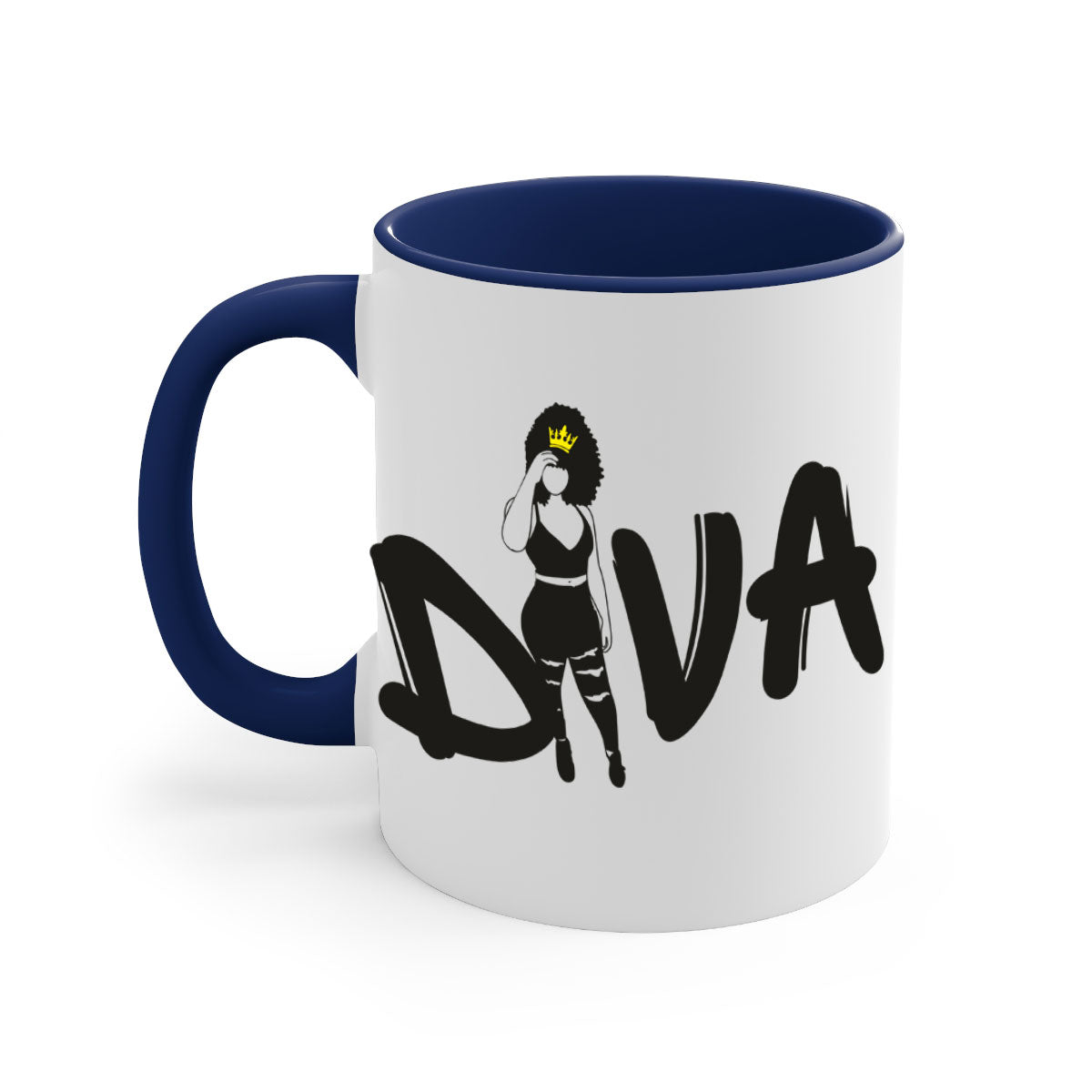Diva 6# Black Women Mug with colorful handle and glossy finish, available in multiple colors and sizes.