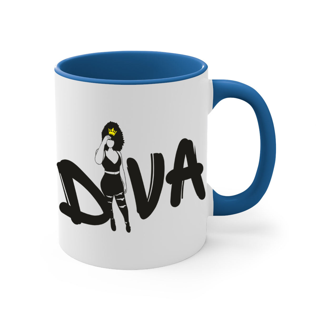Diva 6# Black Women Mug with colorful handle and glossy finish, available in multiple colors and sizes.