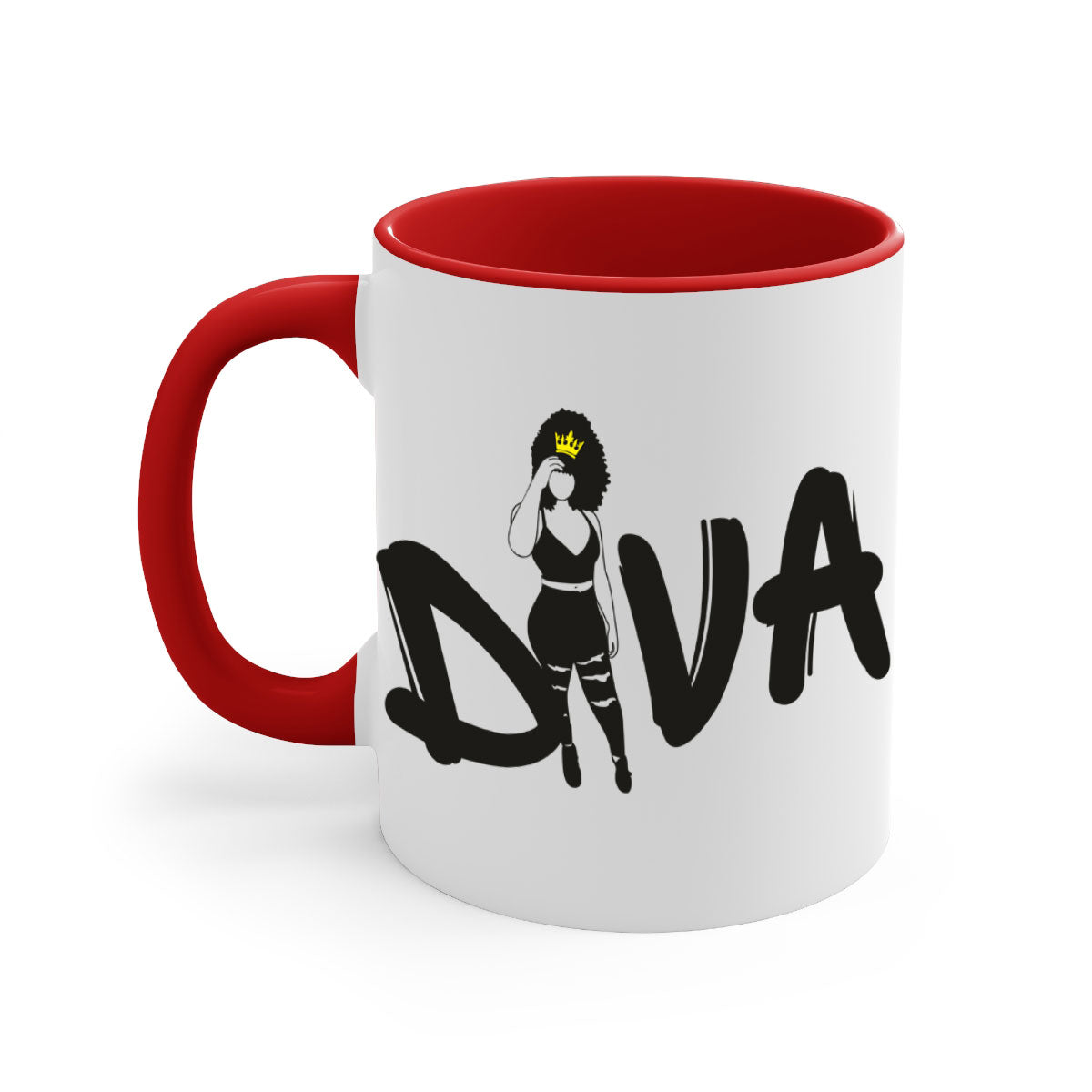 Diva 6# Black Women Mug with colorful handle and glossy finish, available in multiple colors and sizes.