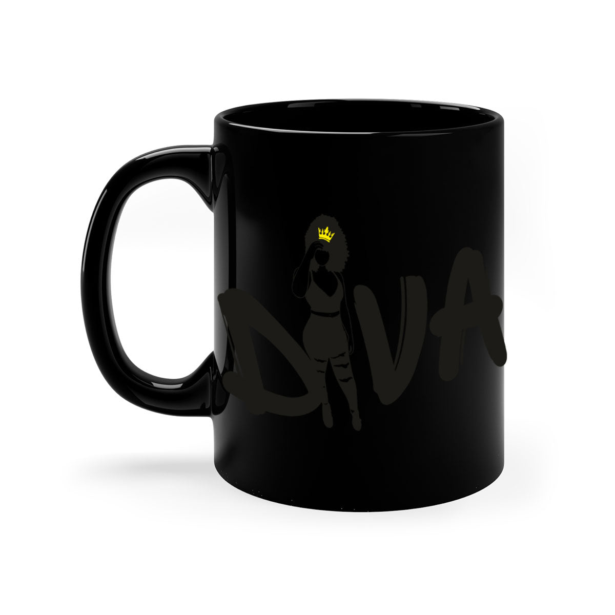 Diva 6# Black Women Mug with colorful handle and glossy finish, available in multiple colors and sizes.