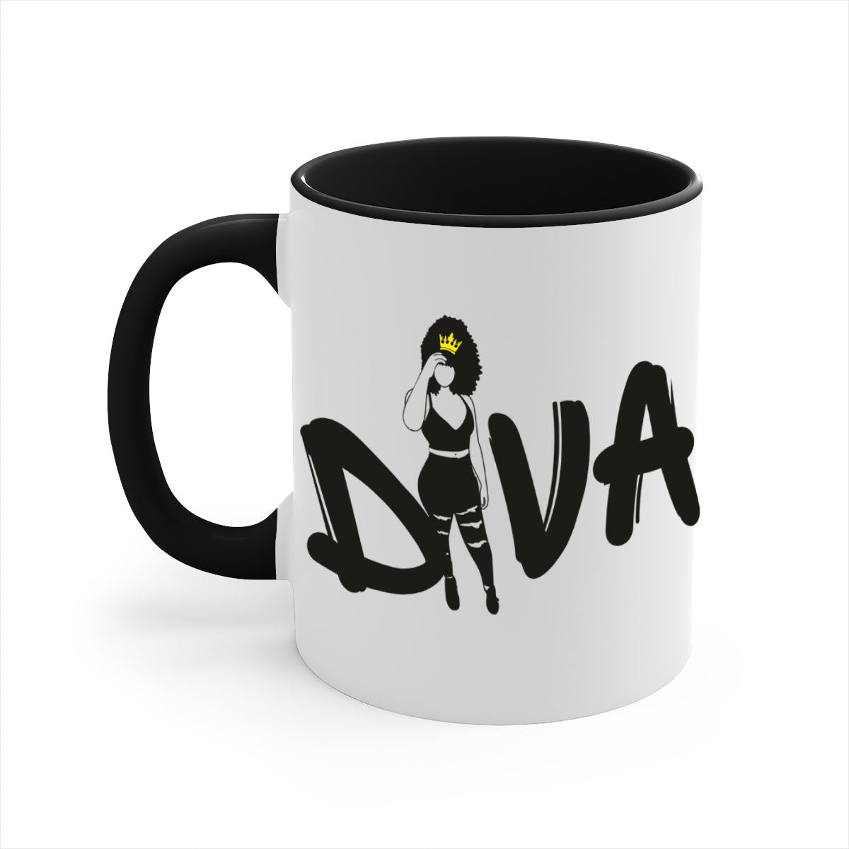Diva 6# Black Women Mug with colorful handle and glossy finish, available in multiple colors and sizes.