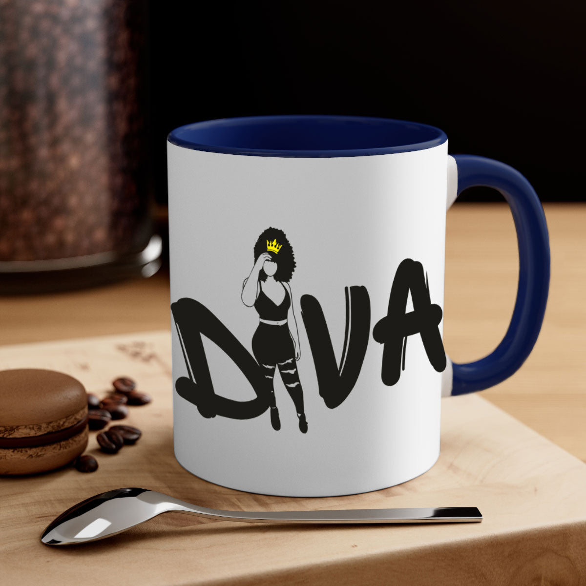 Diva 6# Black Women Mug with colorful handle and glossy finish, available in multiple colors and sizes.