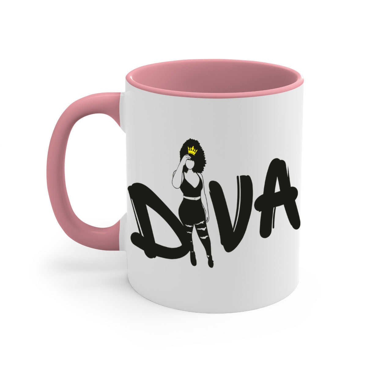 Diva 6# Black Women Mug with colorful handle and glossy finish, available in multiple colors and sizes.