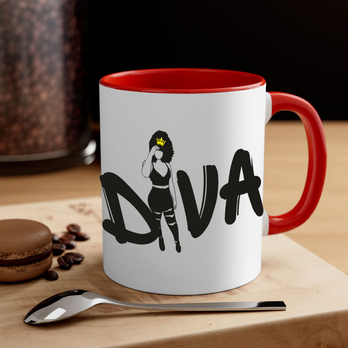 Diva 6# Black Women Mug with colorful handle and glossy finish, available in multiple colors and sizes.