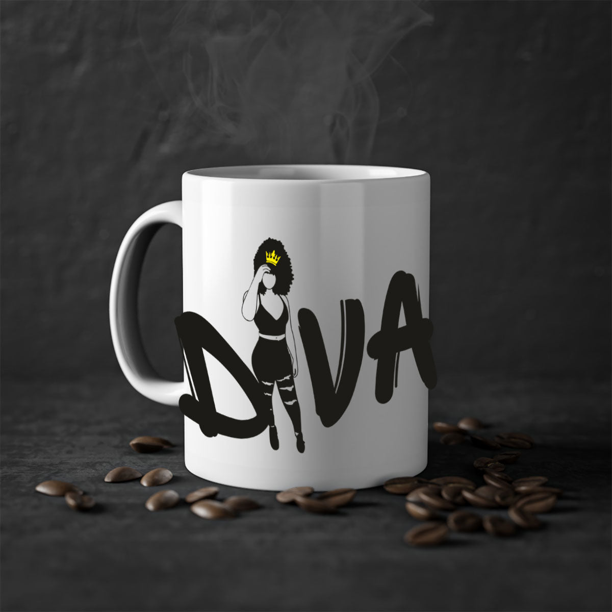 Diva 6# Black Women Mug with colorful handle and glossy finish, available in multiple colors and sizes.