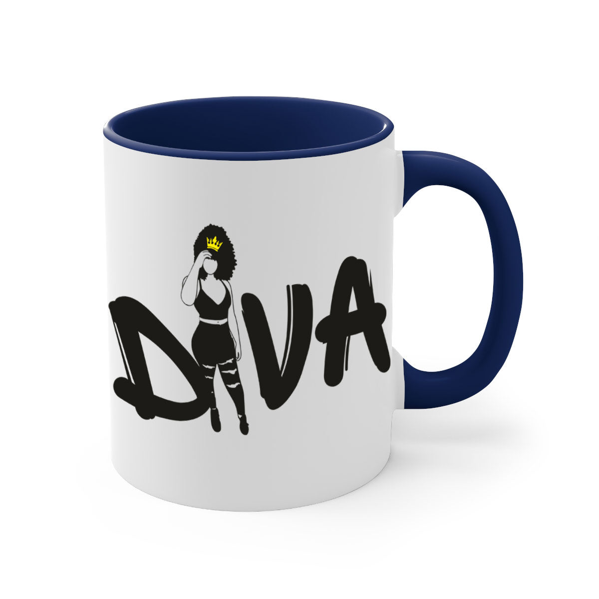 Diva 6# Black Women Mug with colorful handle and glossy finish, available in multiple colors and sizes.